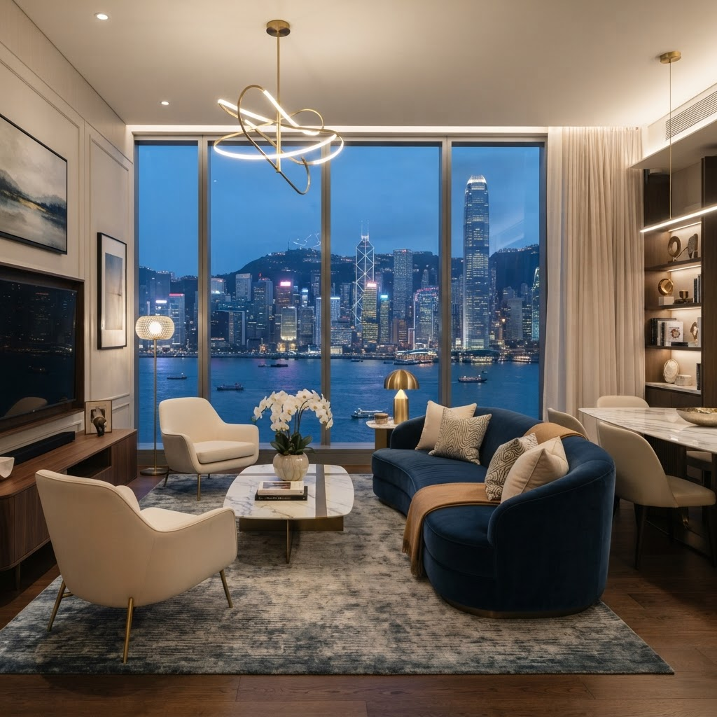 擎海示範單位落地窗前的維港景致